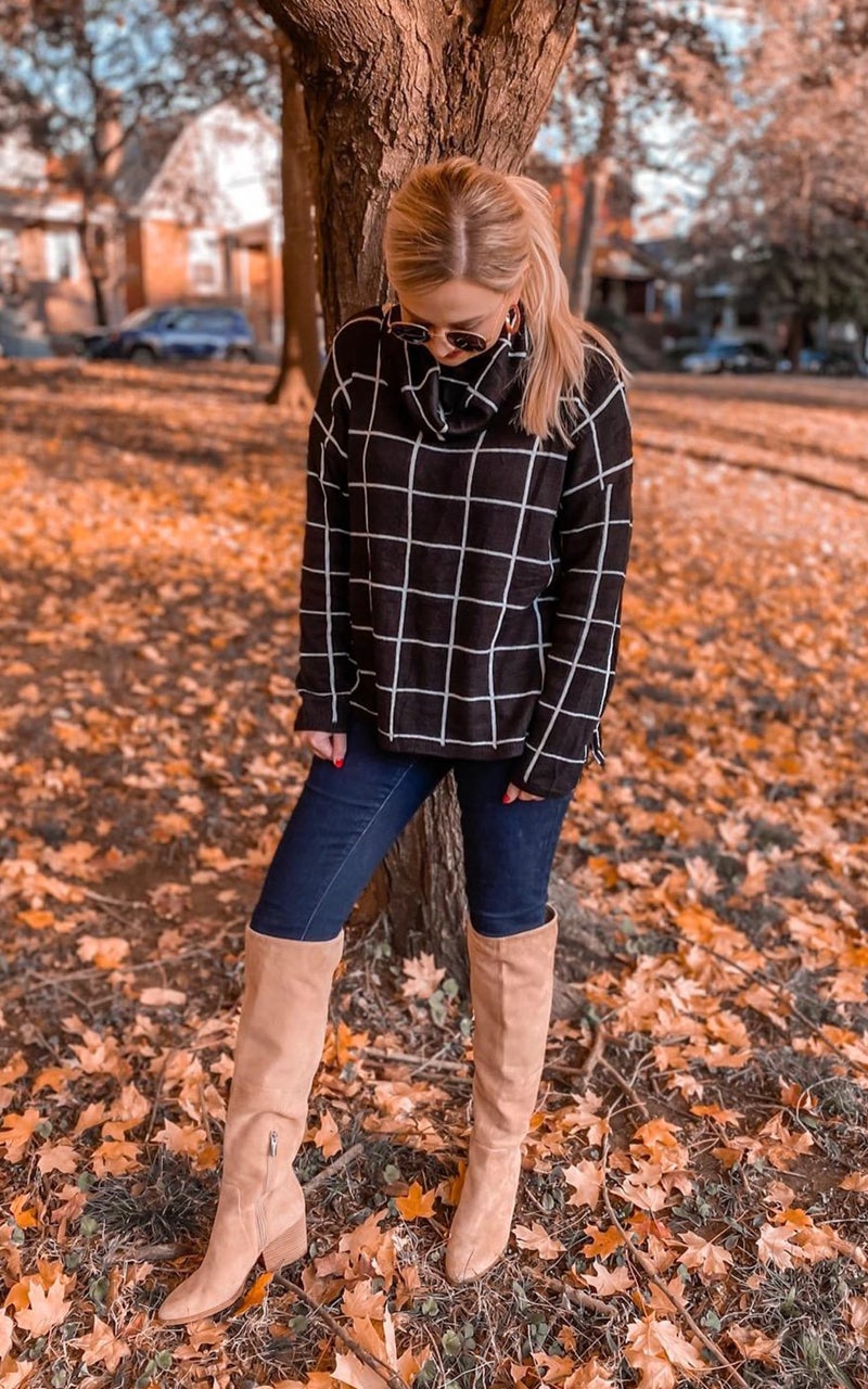 ECOWISH Women Fall Pullover Sweater Turtleneck Plaid Long Sleeve Loose Casual Chunky Checked Knit Winter Sweaters Jumper Tops 014black M - Image 3